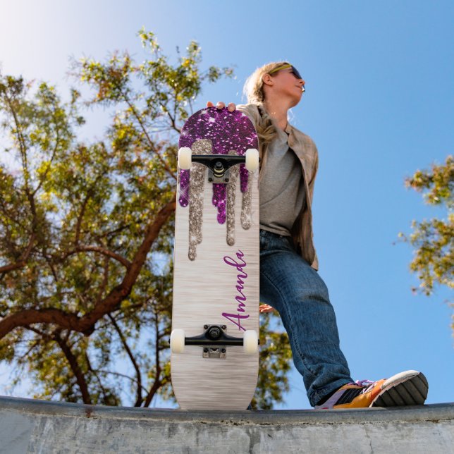 Niedlicher, moderner rosafarbener Glitzer Tropfen  Skateboard (Außen 1)