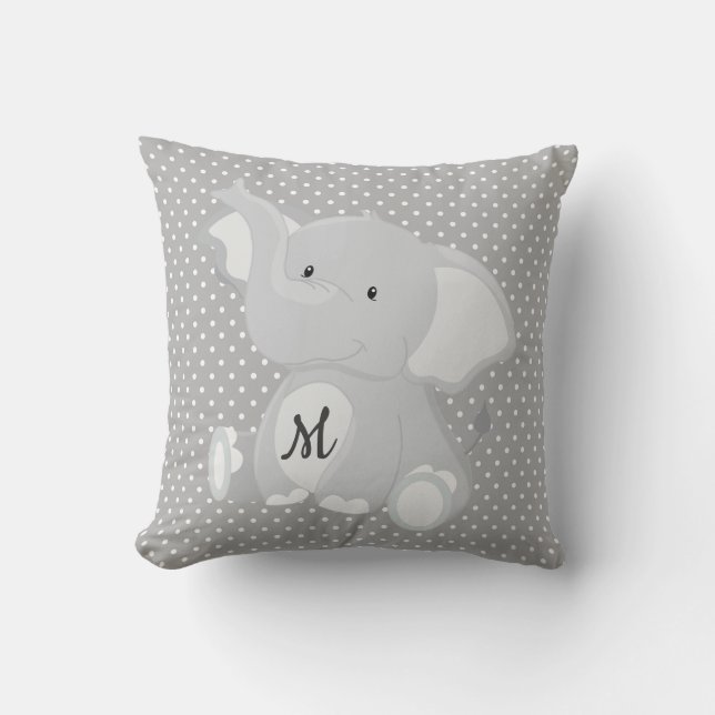 Niedlicher Monogram Elephant Grey and White Polka  Kissen (Vorderseite)
