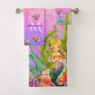 Niedlicher Monogramm Name Mermaid rosa und lila Badhandtuch Set