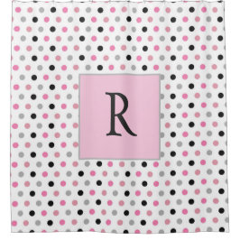 Niedlicher Monogramm Pink White und Grau Polka Pun Duschvorhang