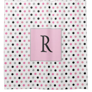 Niedlicher Monogramm Pink White und Grau Polka Pun Duschvorhang