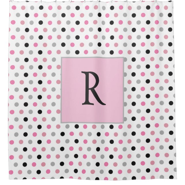 Niedlicher Monogramm Pink White und Grau Polka Pun Duschvorhang (Vorderseite)