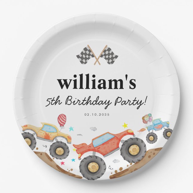 Niedlicher Monster Truck Bash Car Rennen Flaggen G Pappteller (Vorderseite)