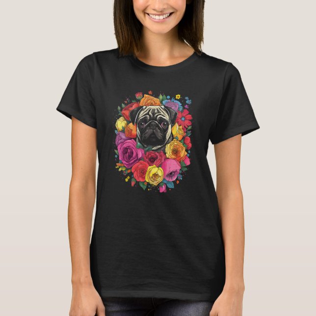 Niedlicher Mops-Blumenstrauß T-Shirt (Vorderseite)