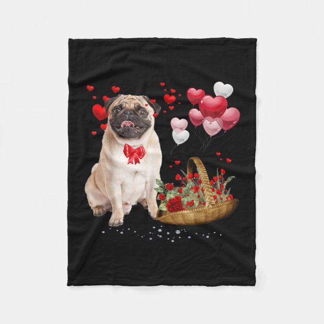 Niedlicher Mops Dog Balloon Valentinstag Fleecedecke (Vorderseite)