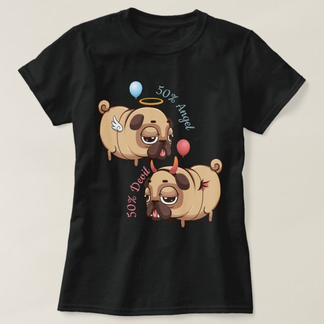 Niedlicher Mops Engel/Teufel T-Shirt (Design vorne)