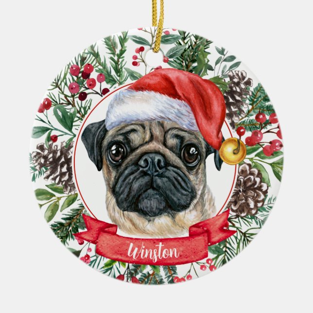 Niedlicher Mops Hund Custom Weihnachtsmannmütze We Keramik Ornament (Vorne)