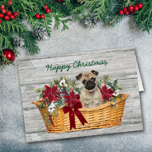 Niedlicher Mops Hund im Korb Weihnachtskarte