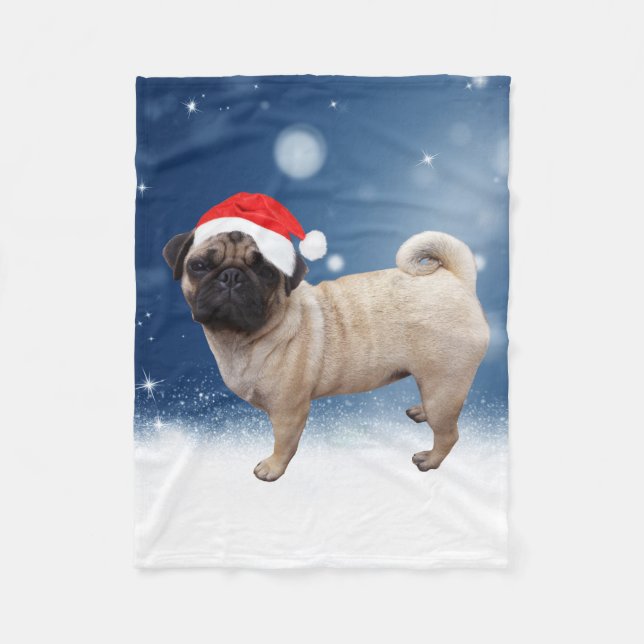 Niedlicher Mops Hund Weihnachten Weihnachtsmannmüt Fleecedecke (Vorderseite)