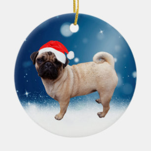 Niedlicher Mops Hund Weihnachten Weihnachtsmannmüt Keramikornament