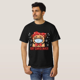 Niedlicher Mops Hunde Gesicht Maske Frohe Weihnach T-Shirt