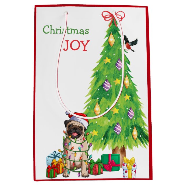 Niedlicher Mops Hunde Weihnachtsmannmütze und Weih Mittlere Geschenktüte (Vorderseite)