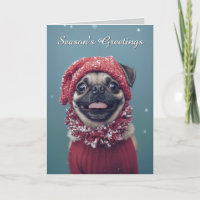 Niedlicher Mops Hundeschlitten Weihnachtskarte