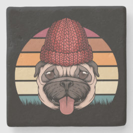 Niedlicher Mops im Winter Hat Retro Design Steinuntersetzer