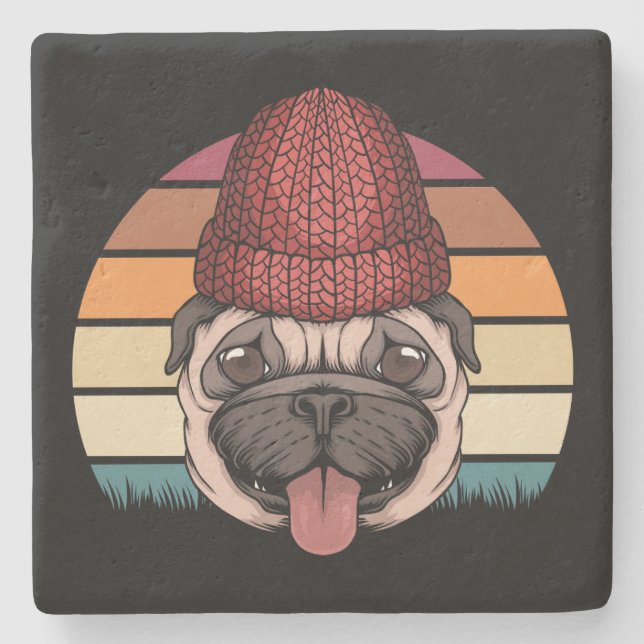 Niedlicher Mops im Winter Hat Retro Design Steinuntersetzer (Vorderseite)