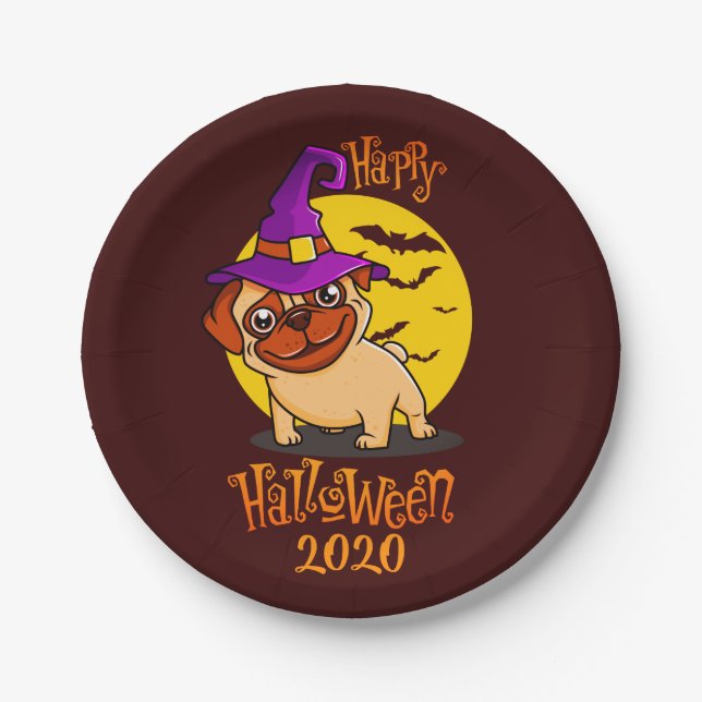 Niedlicher Mops mit Lila Hexenhut Halloween Pappteller (Vorderseite)