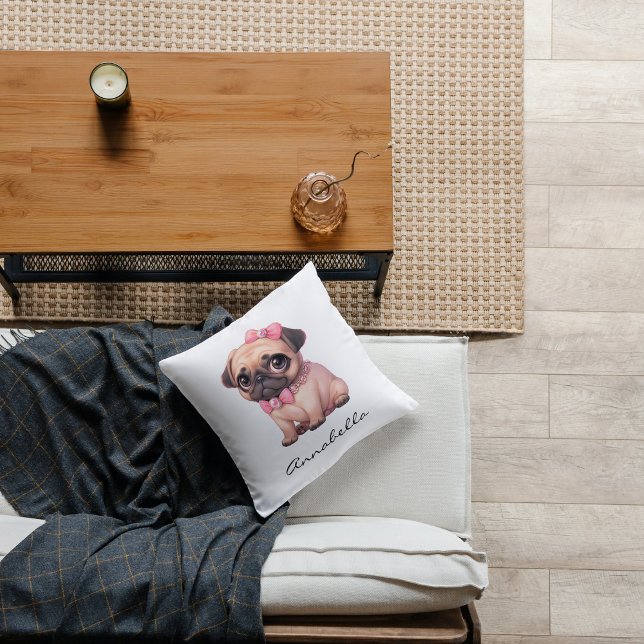 Niedlicher Mops mit rosa Bow Personalisiert Kissen (Pug Puppy With Pink Bow Illustration Custom Name Throw Pillow - Adorable Dog Lover Baby Apparel)