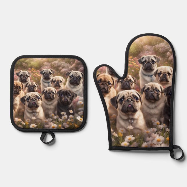 Niedlicher Mops Ofenhandschuh & Topflappen-Set (Vorderseite)