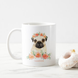 Niedlicher Mops Peach Floral Personalisiert Kaffeetasse