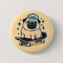 Niedlicher Mops Skate-Boarding Button