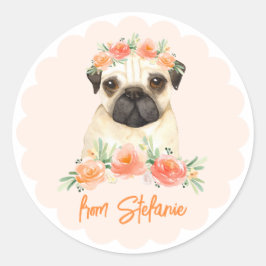Niedlicher Mops und Peach Blume Geburtstag Runder Aufkleber