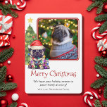 Niedlicher Mops und Weihnachtsbaum Haustier Hund 1 Feiertagskarte<br><div class="desc">Diese Weihnachtskarte mit niedlichem Mops ist mit einem Mops ausgestattet, der eine Weihnachtsmannmütze trägt, die vor einem beleuchteten Weihnachtsbaum sitzt. Die Begrüßung auf der Karte lautet "Frohe Weihnachten", die Nachricht lautet "Wir hoffen, dass Ihre Feriensaison pws-itiv phantastisch ist!" und schließlich gibt es eine Begrüßung. Alle diese Abschnitte können personalisiert gelesen...</div>