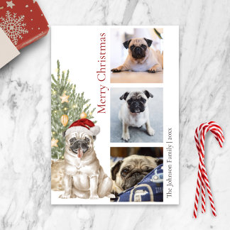 Niedlicher Mops und Weihnachtsbaum Haustier Hund F Feiertagskarte