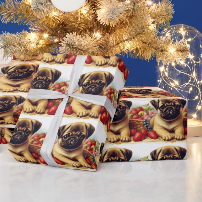 Niedlicher Mops Vintage Malerei Geschenkpapier (Feiertage)