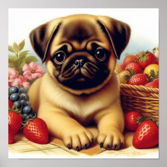 Niedlicher Mops Vintage Malerei Poster (Vorne)