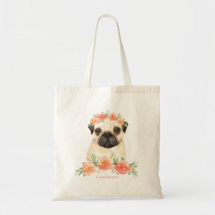 Niedlicher Mops Wasserfarbe Peach Blumenkronen Tragetasche