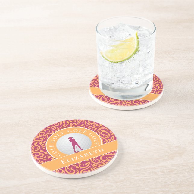 Niedlicher Name der Golfer-Silhouette Rosa Orange Getränkeuntersetzer (Seite)