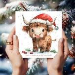 Niedlicher Name der Highland Kuh Frohe Weihnachten<br><div class="desc">Niedlicher Name der Hochlandkuh Frohe Weihnachten. Verfügbar in digitaler Form und gedruckt. Mit dieser süßen Hochlandkuh in seiner Weihnachtsmannmütze und dem persönlichen Gruß unter ihnen ist die Feierlichkeit für Ihre Urlaubswünsche garantiert. Frohe Weihnachten ist auf der Rückseite in einem eleganten Set-Skript in rot und die Erholung des Textes können Sie...</div>