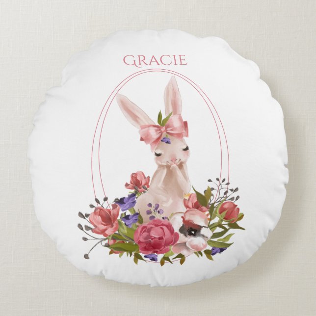 Niedlicher Name Woodland Animal Bunny Floral Rundes Kissen (Vorderseite)