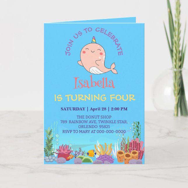 Niedlicher Narwhal Fisch Einhorn Regenbogensee Geb Einladung (Vorderseite)