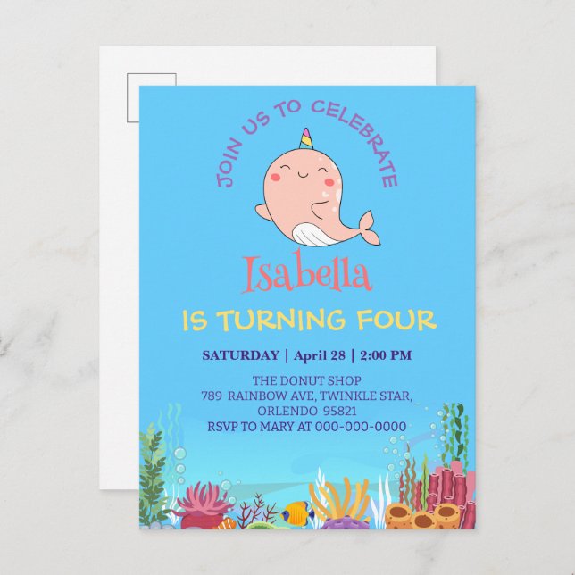 Niedlicher Narwhal Fisch Einhorn Regenbogensee Geb Einladungspostkarte (Vorne/Hinten)