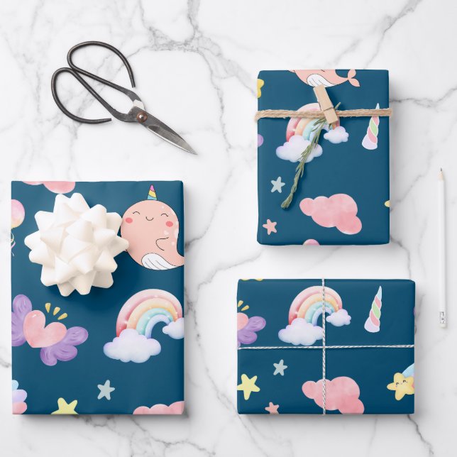 Niedlicher Narwhal Fisch Einhorn Regenbogensee Geb Geschenkpapier Set (Vorderseite)