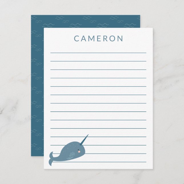 Niedlicher Narwhal in Blue Personalisiert Kids Lin Dankeskarte (Vorne/Hinten)