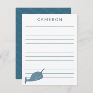 Niedlicher Narwhal in Blue Personalisiert Kids Lin Dankeskarte