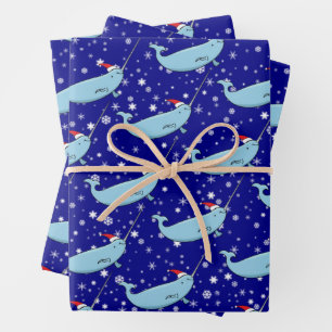 Niedlicher Narwhal in Weihnachtsmannmütze Musterpa Geschenkpapier Set
