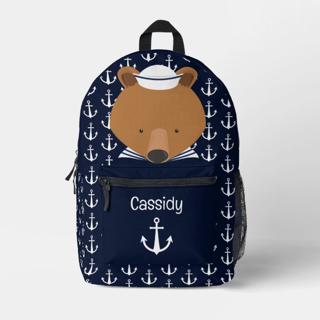 Niedlicher nautischer Teddybär Name der Kinder Bedruckter Rucksack (Vorderseite)
