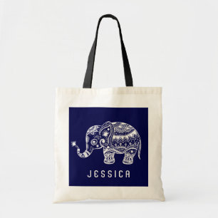 Niedlicher Navy-Blue- und White-Floral-Elefant Tragetasche