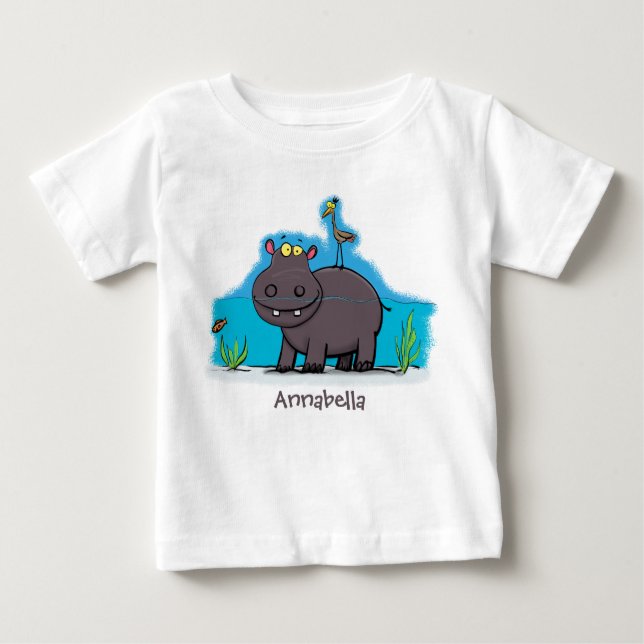 Niedlicher Nilpferd mit Vogel-Cartoon Baby T-shirt (Vorderseite)