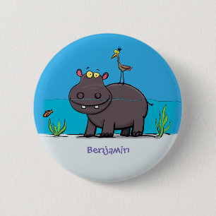 Niedlicher Nilpferd mit Vogel-Cartoon Button