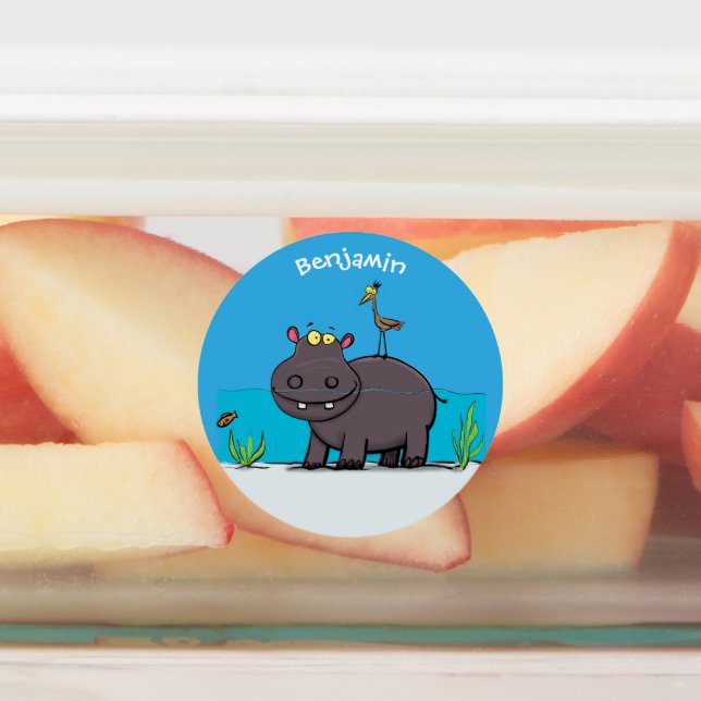 Niedlicher Nilpferd mit Vogel-Cartoon Etiketten (Befestigt)