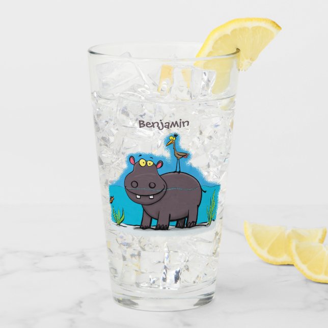 Niedlicher Nilpferd mit Vogel-Cartoon Glas (Rückseite Ice)