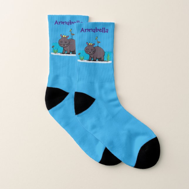 Niedlicher Nilpferd mit Vogel-Cartoon Socken (Paar)
