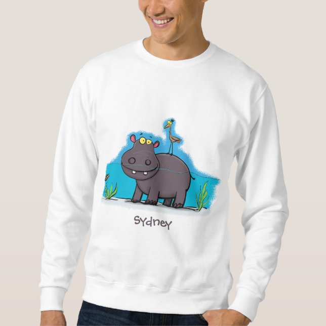 Niedlicher Nilpferd mit Vogel-Cartoon Sweatshirt (Vorderseite)