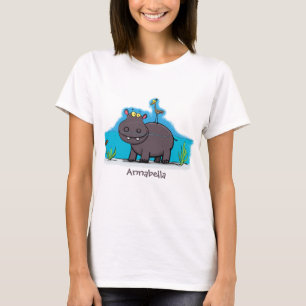 Niedlicher Nilpferd mit Vogel-Cartoon T-Shirt