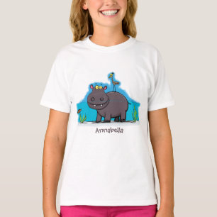 Niedlicher Nilpferd mit Vogel-Cartoon T-Shirt