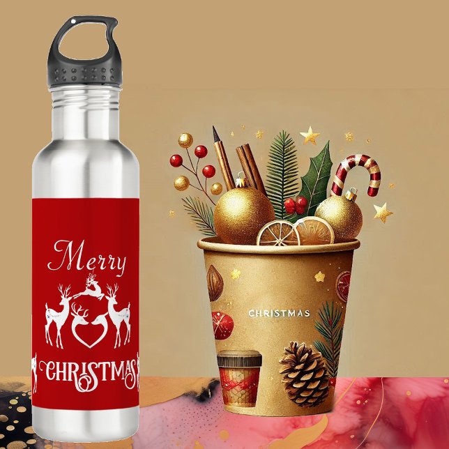 Niedlicher Nordischer Weihnachtsbaum Edelstahlflasche (Cute Nordic Christmas Reindeer White Santa Helpers Stainless Steel Water Bottle)